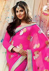 The glamorous silhouette to meet your most dire fashion needs. This pink faux chiffon saree have beautiful embroidery patch work which is embellished with zari work. Fabulous designed embroidery gives you an ethnic look and increasing your beauty. Matching blouse is available. Slight Color variations are possible due to differing screen and photograph resolutions.