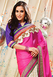 Style and trend will be at the peak of your beauty when you adorn this saree. This dark pink and cream faux georgette and viscose saree have beautiful embroidery patch work which is embellished with resham, zari and stone work. Fabulous designed embroidery gives you an ethnic look and increasing your beauty. Contrasting purple blouse is available. Slight Color variations are possible due to differing screen and photograph resolutions.