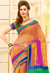 Get ready to sizzle all around you by sparkling saree. This beautiful magenta, dark yellow and green super net saree is nicely designed with floral, paisley, stripe print and graceful patch border. Beautiful print work on saree make attractive to impress all. It will enhance your personality and gives you a singular look. Matching blouse is available with this saree. Slight color variations are due to differing screen and photography resolution.