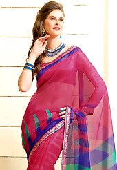 Welcome to the new era of Indian fashion wear. This beautiful dark pink and blue super net saree is nicely designed with paisley print and graceful patch border. Beautiful print work on saree make attractive to impress all. It will enhance your personality and gives you a singular look. Matching blouse is available with this saree. Slight color variations are due to differing screen and photography resolution.