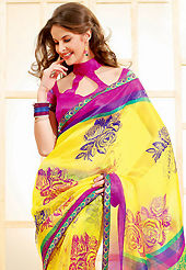 Try out this year top trend, glowing, bold and natural collection. This beautiful yellow super net saree is nicely designed with floral print and graceful patch border. Beautiful print work on saree make attractive to impress all. It will enhance your personality and gives you a singular look. Contrasting dark pink blouse is available with this saree. Slight color variations are due to differing screen and photography resolution.