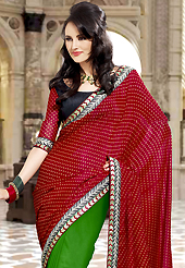 The fascinating beautiful subtly garment with lovely patterns. This red and green faux georgette saree have beautiful embroidery patch work which is embellished with resham, zari, stone and beads work. Fabulous designed embroidery gives you an ethnic look and increasing your beauty. Contrasting black blouse is available. Slight Color variations are possible due to differing screen and photograph resolutions.