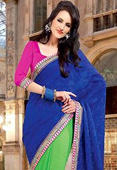 An occasion wear perfect is ready to rock you. This blue and green faux georgette and faux chiffon saree have beautiful embroidery patch work which is embellished with resham and zari work. Fabulous designed embroidery gives you an ethnic look and increasing your beauty. Contrasting pink blouse is available. Slight Color variations are possible due to differing screen and photograph resolutions.