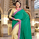 Green and Dark Cream Faux Georgette and Dupion Silk Saree with Blouse