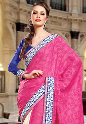 Ultimate collection of embroidery sarees with fabulous style. This dark pink and cream faux georgette saree have beautiful embroidery patch work which is embellished with resham work. Fabulous designed embroidery gives you an ethnic look and increasing your beauty. Contrasting blue blouse is available. Slight Color variations are possible due to differing screen and photograph resolutions.