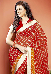An endearing splash oh colors look gorgeous tridimensional charm. This beautiful red and orange faux georgette saree is nicely designed with abstract print and graceful patch border. Beautiful print work on saree make attractive to impress all. It will enhance your personality and gives you a singular look. Matching blouse is available with this saree. Slight color variations are due to differing screen and photography resolution.