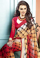 Era with extension in fashion, style, Grace and elegance have developed grand love affair with this ethnical wear. This beautiful red, dark yellow and off white faux georgette saree is nicely designed with geometric print and graceful patch border. Beautiful print work on saree make attractive to impress all. It will enhance your personality and gives you a singular look. Matching blouse is available with this saree. Slight color variations are due to differing screen and photography resolution.