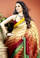Keep the interest with this printed saree. This beautiful shaded yellow, dark red and green brasso faux georgette saree is nicely designed with abstract and stripe print work. Beautiful print work on saree make attractive to impress all. It will enhance your personality and gives you a singular look. Matching blouse is available with this saree. Slight color variations are due to differing screen and photography resolution.