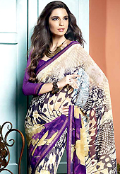 Ultimate collection of embroidered sarees with fabulous style. This beautiful cream and purple faux georgette saree is nicely designed with flower, abstract print and graceful patch border. Beautiful print work on saree make attractive to impress all. It will enhance your personality and gives you a singular look. Matching blouse is available with this saree. Slight color variations are due to differing screen and photography resolution.