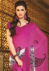 Ultimate collection of embroidered sarees with fabulous style. This beautiful dark pink and off white faux georgette saree is nicely designed with floral, paisley and stripe print work. Beautiful print work on saree make attractive to impress all. It will enhance your personality and gives you a singular look. Matching blouse is available with this saree. Slight color variations are due to differing screen and photography resolution.