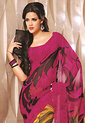 Welcome to the new era of Indian fashion wear. This beautiful dark pink and yellow faux georgette saree is nicely designed with abstract print work. Beautiful print work on saree make attractive to impress all. It will enhance your personality and gives you a singular look. Matching blouse is available with this saree. Slight color variations are due to differing screen and photography resolution.