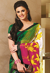 An endearing splash oh colors look gorgeous tridimensional charm. This beautiful green, off white and dark pink faux georgette saree is nicely designed with floral and abstract print work. Beautiful print work on saree make attractive to impress all. It will enhance your personality and gives you a singular look. Matching blouse is available with this saree. Slight color variations are due to differing screen and photography resolution.