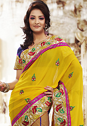 Take a look on the changing fashion of the season. This yellow, blue and fawn chiffon and net lehenga style saree is nicely designed with embroidered patch work is done with resham, stone and lace work. Beautiful embroidery work on saree make attractive to impress all. This saree gives you a modern and different look in fabulous style. Matching blouse is available. Slight color variations are possible due to differing screen and photograph resolution.