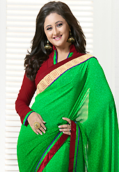Ultimate collection of embroidery sarees with fabulous style. This shaded green georgette saree is nicely designed with floral print and patch bordered work. Beautiful embroidery work on saree make attractive to impress all. This saree gives you a modern and different look in fabulous style. Contrasting maroon blouse is available. Slight color variations are possible due to differing screen and photograph resolution.