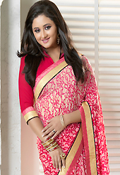 Take a look on the changing fashion of the season. This off white and pink georgette saree is nicely designed with floral print and patch bordered work. Beautiful embroidery work on saree make attractive to impress all. This saree gives you a modern and different look in fabulous style. Matching deep pink blouse is available. Slight color variations are possible due to differing screen and photograph resolution.