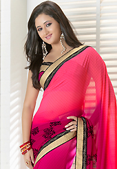 An casual wear perfect is ready to rock you. This shaded pink georgette saree is nicely designed with dots, abstract print and patch bordered work. Beautiful embroidery work on saree make attractive to impress all. This saree gives you a modern and different look in fabulous style. Matching blouse is available. Slight color variations are possible due to differing screen and photograph resolution.