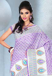Welcome to the new era of Indian fashion wear. This beautiful purple and off white cotton saree is nicely designed with floral and abstract print work. It will enhance your personality and gives you a singular look. Matching blouse is available with this saree. Slight color variations are due to differing screen and photography resolution.