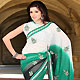 White, Green and Black Faux Chiffon Saree with Blouse