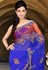 The traditional patterns used on this saree maintain the ethnic look. This blue faux georgette and net saree have beautiful embroidery patch work which is embellished with sequins, stone and cutbeadswork. Fabulous designed embroidery gives you an ethnic look and increasing your beauty. Matching blouse is available. Slight Color variations are possible due to differing screen and photograph resolutions.