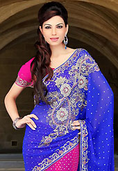 Welcome to the new era of Indian fashion wear. This blue and dark pink faux chiffon lehenga style saree have beautiful embroidery patch work which is embellished with sequins, stone and cutbeads work. Fabulous designed embroidery gives you an ethnic look and increasing your beauty. Matching dark pink blouse is available. Slight Color variations are possible due to differing screen and photograph resolutions.