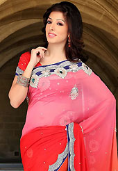 Take the fashion industry by storm in this beautiful embroidered saree. This pink and red viscose saree have beautiful embroidery patch work which is embellished with zari, stone, cutbeads and zardosi work. Fabulous designed embroidery gives you an ethnic look and increasing your beauty. Matching blouse is available. Slight Color variations are possible due to differing screen and photograph resolutions.