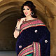Navy Blue and Green Velvet and Net Saree with Blouse