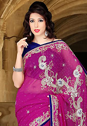 Look stunning rich with dark shades and floral patterns. This deep pink faux georgette saree have beautiful embroidery patch work which is embellished with zari, stone, cutdana and cutbeads work. Fabulous designed embroidery gives you an ethnic look and increasing your beauty. Contrasting dark blue blouse is available. Slight Color variations are possible due to differing screen and photograph resolutions.