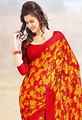 Welcome to the new era of Indian fashion wear. This beautiful mustard and red brasso faux georgette saree is nicely designed with abstract, floral and stripe print work. Beautiful print work on saree make attractive to impress all. It will enhance your personality and gives you a singular look. Matching blouse is available with this saree. Slight color variations are due to differing screen and photography resolution.