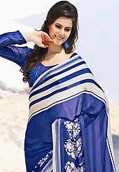 Ultimate collection of embroidered sarees with fabulous style. This beautiful blue and off white faux georgette saree is nicely designed with paisley and stripe print work. Beautiful print work on saree make attractive to impress all. It will enhance your personality and gives you a singular look. Matching blouse is available with this saree. Slight color variations are due to differing screen and photography resolution.