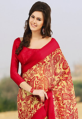 Dreamy variation on shape and forms compliment your style with tradition. This beautiful yellow and red faux chiffon saree is nicely designed with paisley print work. Beautiful print work on saree make attractive to impress all. It will enhance your personality and gives you a singular look. Matching blouse is available with this saree. Slight color variations are due to differing screen and photography resolution.