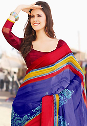 The traditional patterns used on this saree maintain the ethnic look. This beautiful purple, red and yellow brasso faux georgette saree is nicely designed with floral and abstract print work. Beautiful print work on saree make attractive to impress all. It will enhance your personality and gives you a singular look. Matching blouse is available with this saree. Slight color variations are due to differing screen and photography resolution.