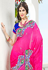 Elegance and innovation of designs crafted for you. This magenta viscose georgette saree have beautiful embroidery patch work which is embellished with resham, stone and beads work. Fabulous designed embroidery gives you an ethnic look and increasing your beauty. Contrasting royal blue blouse is available. Slight Color variations are possible due to differing screen and photograph resolutions.