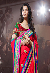 Welcome to the new era of Indian fashion wear. This red georgette saree have beautiful embroidery patch work which is embellished with resham, zari, stone and lace work. Fabulous designed embroidery gives you an ethnic look and increasing your beauty. Matching blouse is available. Slight Color variations are possible due to differing screen and photograph resolutions.