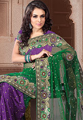 Symbol of fashion and beauty, each piece of our range of embroidered saree is certain to increase your look. This saree embellished with embroidered border and Sequins, stone, zari, resham worked butti. Contrast of green pallu and border make attractive. Saree gives you a singular and dissimilar look. This saree also available in Purple-Red, Pink-green colors. Slight Color variations are possible due to differing screen and photograph resolutions.