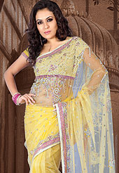 Symbol of fashion and beauty, each piece of our range of embroidered saree is certain to increase your look. This saree embellished with embroidered border and Sequins, stone, zari, resham worked butti. Contrast of pink border make attractive. Saree gives you a singular and dissimilar look. This saree also available in green, Red, purple, Aqua green colors. Slight Color variations are possible due to differing screen and photograph resolutions.