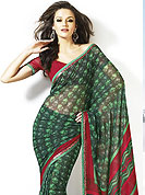 Let your personality speak for you this georgette saree.  This Green simple and stylish saree embellished with butti print on all over saree. Printed border and pallu made stylish and unique to others.  The saree is specially crafted for your stunning look and terrific style with this designer matching blouse. Slight Color variations possible due to differing screen and photograph resolutions.