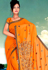 Style and trend will be at the peak of your beauty when you adorn this saree.  This saree made with silk with georgette mix fabric. This saree have beautiful embroidery work on pallu and border. This saree is nicely designed with resham, zari and sitara work to give you pretty and singular look. The border of this saree is a symbol of elegance in its own. Matching blouse is available. Slight Color variations are possible due to differing screen and photograph resolutions.
