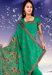 Ultimate saree made with embroidered work is fabulous which is surely going to make every women look gorgeous.  This saree made with silk with georgette mix fabric. This saree have beautiful embroidery work on pallu and border. This saree is nicely designed with resham, zari and sitara work to give you pretty and singular look. The border of this saree is a symbol of elegance in its own. Matching blouse is available. Slight Color variations are possible due to differing screen and photograph resolutions.