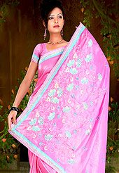 Welcome to the new era of Indian fashion wear. This saree have beautiful embroidery work on pallu and border. This saree is nicely designed with resham, zari and sitara work to give you pretty and singular look. The border of this saree is a symbol of elegance in its own.  This saree made with silk with georgette mix fabric. Matching blouse is available. Slight Color variations are possible due to differing screen and photograph resolutions.