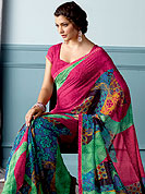 Enjoy this season with this printed saree. This beautiful and pretty printed saree nicely designed with Stylish floral pattern. The saree is specially crafted for your stunning look and terrific style. This saree material is georgette. Matching Blouse is available. Slight color variations are possible due to differing screen and photograph resolution.