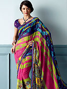 Enjoy this season with this printed saree. This beautiful and pretty printed saree nicely designed with Stylish strips and floral pattern. The saree is specially crafted for your stunning look and terrific style. This saree material is georgette. Matching Blouse is available. Slight color variations are possible due to differing screen and photograph resolution.
