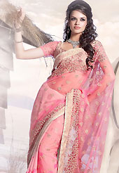 Era with extension in fashion, style, Grace and elegance have developed grand love affair with this ethnical wear. This pink net saree is beautifully adorned with resham, zari, beads and patch work in floral patterns. As shown blouse can be made possible and also can be customized as per your style subject to fabric limitation.  Slight color variations are possible due to differing screen and photograph resolution.