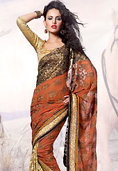 Welcome to the new era of Indian fashion wear. This rust and fawn faux georgette saree is beautifully adorned with resham, zari, sequins and patch work in floral patterns. Matching blouse is available with this, blouse shown in the image is just for photography purpose.  Slight color variations are possible due to differing screen and photograph resolution.