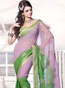 Emblem of fashion and beauty, each piece of our range of designer saree is certain to enhance your look as per today’s trends. This light purple and green faux georgette saree is beautifully encrafted with resham, zari and cutdana work. As shown blouse can be made possible and also can be customized as per your style subject to fabric limitation.  Slight color variations are possible due to differing screen and photograph resolution.