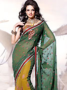 Elegance and innovation of designs crafted for you. This green and mustard faux georgette saree is beautifully encrafted with resham, zari, sequins and patch work in floral patterns. As shown blouse can be made possible and also can be customized as per your style subject to fabric limitation.  Slight color variations are possible due to differing screen and photograph resolution.