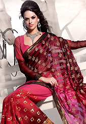 Elegance and innovation of designs crafted for you. This magenta faux georgette saree is beautifully encrafted with zari, sequins, cutdana and patch work in floral patterns. Matching blouse is available with this, blouse shown in the image is just for photography purpose.  Slight color variations are possible due to differing screen and photograph resolution.