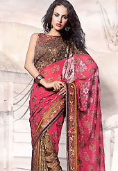 You can be sure that ethnic fashions selections of clothing are taken from the latest trend in today’s fashion. This deep pink faux georgette saree is beautifully encrafted with zari, sequins, cutdana and patch work in floral patterns. As shown blouse can be made possible and also can be customized as per your style subject to fabric limitation.  Slight color variations are possible due to differing screen and photograph resolution.