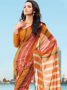 Different colors are a perfect blend of traditional Indian heritage and contemporary artwork. This saree crafted with nice combination of leafs, strips, geometrical art print in multi shades which made it attractive and unique to others. Border of saree is nicely designed with piping work. The saree is specially crafted for your stunning look and terrific style with this matching blouse. This saree made with georgette fabric. Slight Color variations are possible due to differing screen and photograph resolutions.
