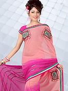 Try out this year top trends, glowing, bold and natural collection. This Pink saree embellished with resham worked embroidery Patch on pallu and Fabric border. Fine floral print work on all over saree. It’s cool and has a very modern look to impress all. This drape material is Faux Chiffon. Matching brocade blouse is available. Slight color variations are possible due to differing screen and photograph resolution.