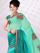 Try out this year top trends, glowing, bold and natural collection. This Sky blue saree embellished with resham worked embroidery Patch on pallu and Fabric border. Fine floral print work on all over saree. It’s cool and has a very modern look to impress all. This drape material is Faux Chiffon. Matching brocade blouse is available. Slight color variations are possible due to differing screen and photograph resolution.